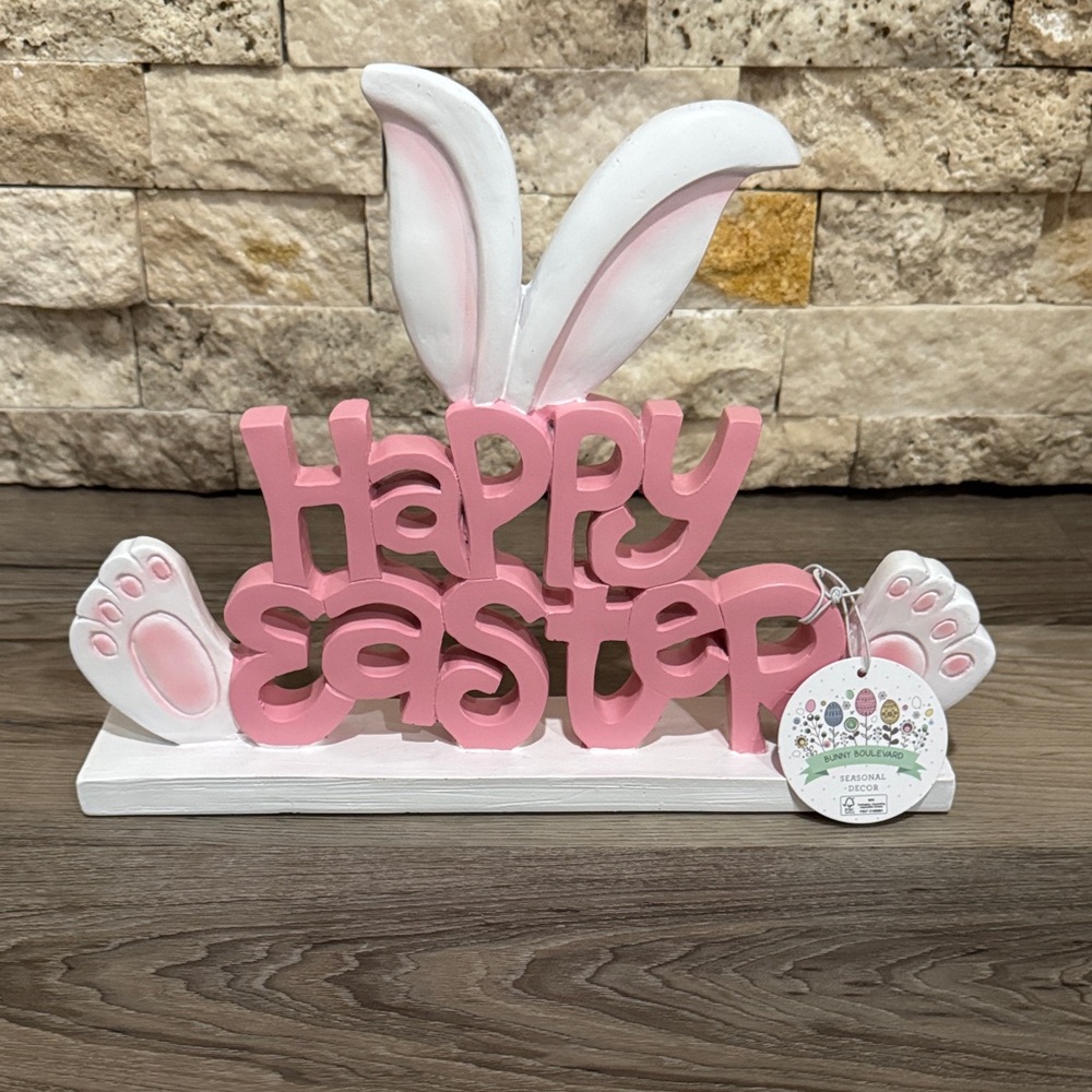 Pink and White Happy Easter Bunny Sign